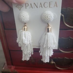 Panacea White Beaded Tassel Earrings